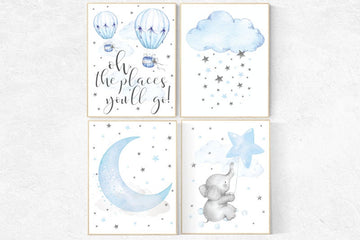Nursery decor boy, nursery decor boy elephant, Blue Nursery, hot air balloon, oh the places you'll go, cloud and star nursery, nursery art