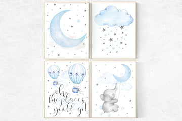 Nursery decor boy elephant, Blue Nursery, Nursery decor boy hot air balloon, oh the places you'll go, cloud and star nursery, nursery art