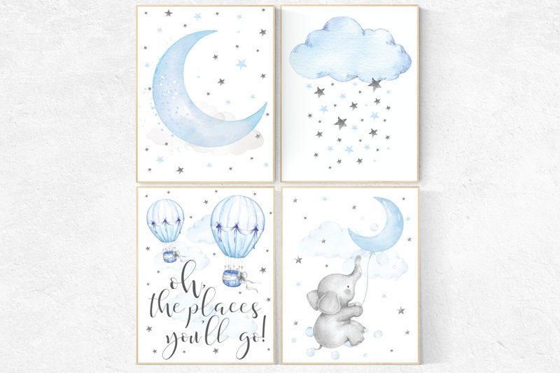 Nursery decor boy elephant, Blue Nursery, Nursery decor boy hot air balloon, oh the places you'll go, cloud and star nursery, nursery art