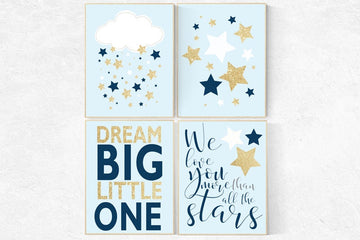 Nursery wall art boy, nursery decor boy cloud, nursery wall art, cloud and stars, star nursery decor, navy blue gold, navy nursery decor boy