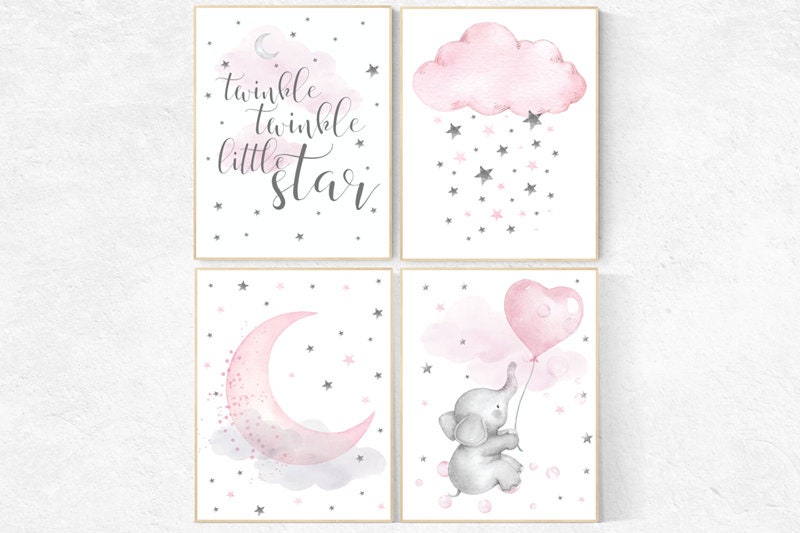 Nursery decor girl, Nursery decor elephant, nursery decor pink and gray, twinkle twinkle little star, pink nursery art, cloud and stars
