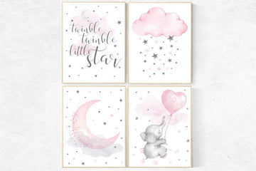 Nursery decor girl, Nursery decor elephant, nursery decor pink and gray, twinkle twinkle little star, pink nursery art, cloud and stars