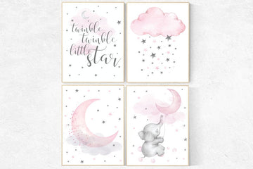 Nursery decor girl elephant, Nursery decor elephant, pink and gray nursery, twinkle twinkle little star, pink nursery art, cloud and stars