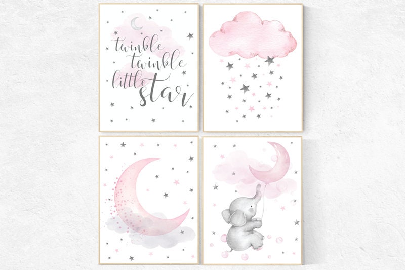 Nursery decor girl elephant, Nursery decor elephant, pink and gray nursery, twinkle twinkle little star, pink nursery art, cloud and stars