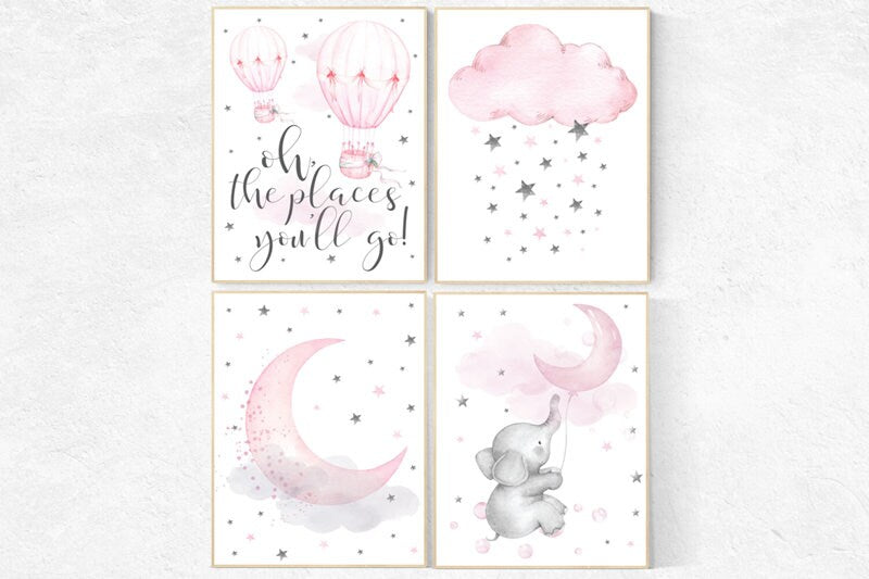 Nursery decor elephant, nursery decor pink and gray, nursery decor hot air balloons, oh the places you&