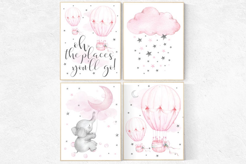 Nursery decor hot air balloons, Nursery decor elephant, nursery decor pink and gray, oh the places you&