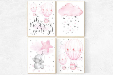 Nursery decor hot air balloons, Nursery decor elephant, nursery decor pink and gray, oh the places you'll go, pink nursery, hot air balloon