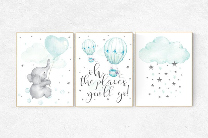 Mint nursery decor, hot air balloon, elephant, gender neutral nursery, oh the places you&