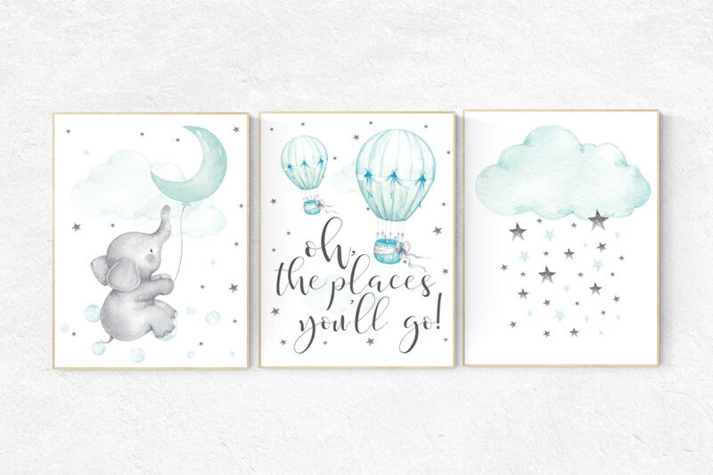 Nursery decor turquoise, Nursery decor elephant, Mint nursery decor, hot air balloon, nursery decor neutral, mint green nursery wall art