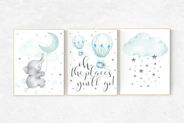 Nursery decor turquoise, Nursery decor elephant, Mint nursery decor, hot air balloon, nursery decor neutral, mint green nursery wall art