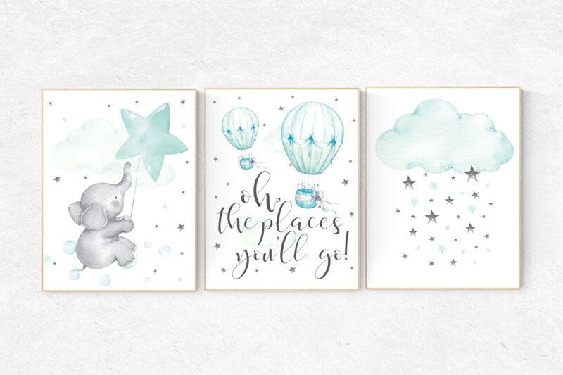 Nursery decor neutral, Nursery decor turquoise, Nursery decor elephant, Mint nursery decor, hot air balloon, aqua nursery art, mint green