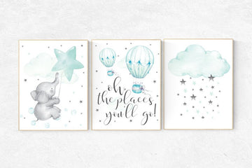 Nursery decor neutral, Nursery decor turquoise, Nursery decor elephant, Mint nursery decor, hot air balloon, aqua nursery art, mint green