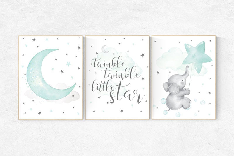 Nursery decor neutral, Nursery decor turquoise, Nursery decor elephant, Mint nursery decor, aqua nursery art, mint green, cloud and star,