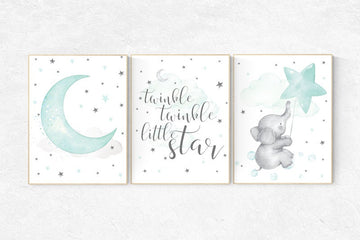 Nursery decor neutral, Nursery decor turquoise, Nursery decor elephant, Mint nursery decor, aqua nursery art, mint green, cloud and star,