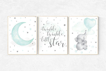 Twinkle twinkle little star, Nursery decor elephant, Mint nursery, aqua nursery art, cloud and star, Nursery decor neutral, turquoise
