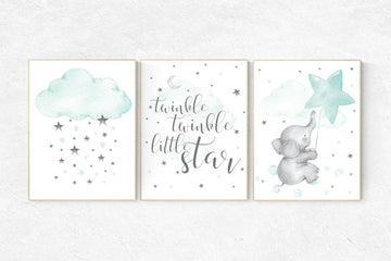 Mint green nursery decor, baby room decor elephant, nursery wall art print, aqua nursery decor, cloud nursery, gender neutral, turquoise