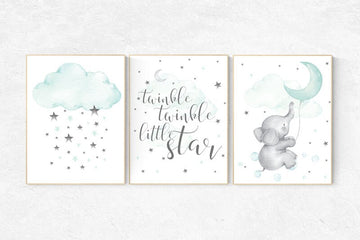 Mint green nursery decor, baby room decor elephant, nursery wall art print, aqua nursery decor, cloud nursery, baby room decor unisex