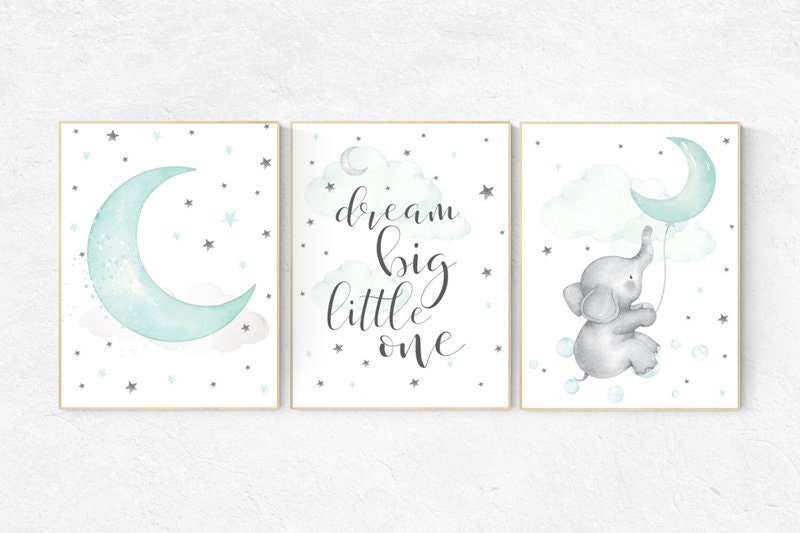 Nursery decor elephant, dream big little one, gender neutral nursery, Mint nursery decor, cloud and star nursery, aqua, turquoise nursery