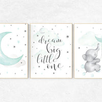 Nursery decor elephant, dream big little one, gender neutral nursery, Mint nursery decor, cloud and star nursery, aqua, turquoise nursery