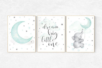 Nursery decor elephant, dream big little one, gender neutral nursery, Mint nursery decor, cloud and star nursery, aqua, turquoise nursery