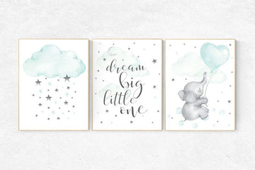 Nursery decor elephant, mint green nursery, dream big little one, nursery wall art elephant, cloud and raindrops, aqua nursery art, neutral