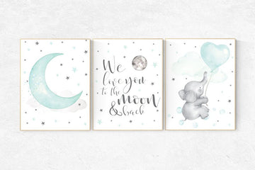 Nursery decor elephant, we love you to the moon and back, Mint nursery decor, nursery decor neutral, nursery wall art, cloud and star, aqua