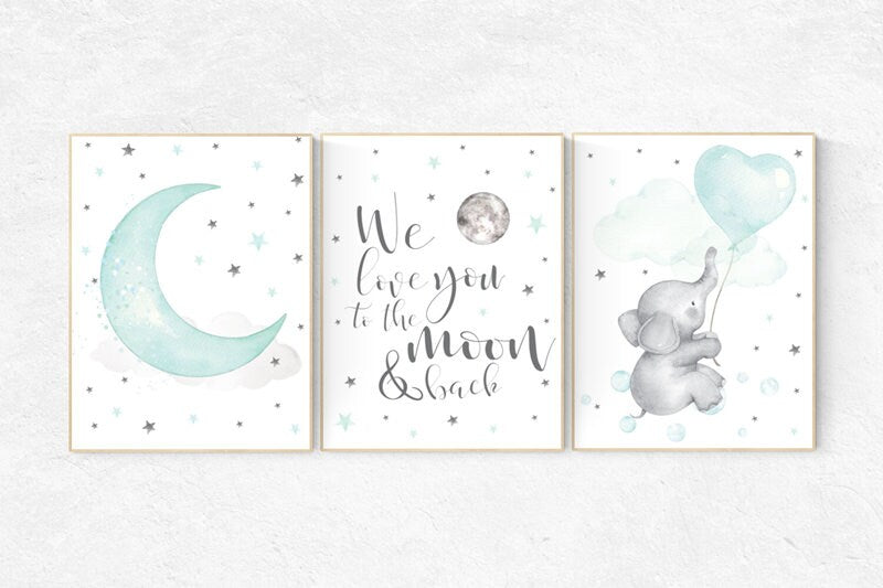 Nursery decor elephant, we love you to the moon and back, Mint nursery decor, nursery decor neutral, nursery wall art, cloud and star, aqua