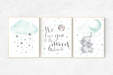 Elephant nursery, we love you to the moon and back, mint green, Nursery decor neutral, nursery decor, clouds and stars nursery wall art