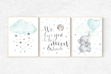 Nursery decor elephant, we love you to the moon and back, Mint nursery, nursery decor neutral, cloud and star, nursery wall art, mint green