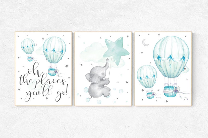 Mint nursery decor, nursery decor elephant, hot air balloon, gender neutral nursery, oh the places you&