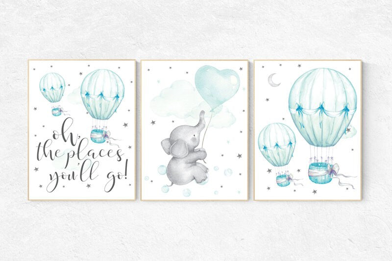 Mint nursery decor, nursery decor elephant, hot air balloon, gender neutral nursery, oh the places you&