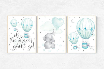 Mint nursery decor, nursery decor elephant, hot air balloon, gender neutral nursery, oh the places you'll go, mint green nursery wall art