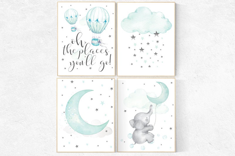 Mint nursery decor, nursery decor elephant, hot air balloon, gender neutral nursery, oh the places you&