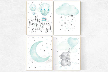 Mint nursery decor, nursery decor elephant, hot air balloon, gender neutral nursery, oh the places you'll go, mint green nursery wall art