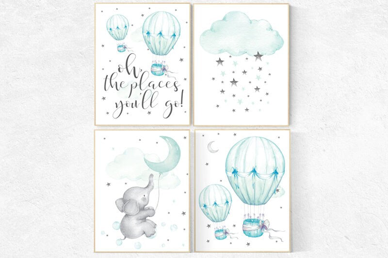 Mint nursery decor, nursery decor elephant, hot air balloon, gender neutral nursery, oh the places you&