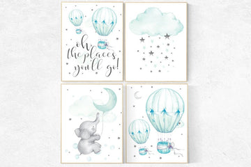 Mint nursery decor, nursery decor elephant, hot air balloon, gender neutral nursery, oh the places you'll go, mint green nursery wall art