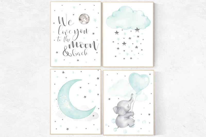 Mint nursery, gender neutral nursery, Nursery decor elephant, twinkle twinkle little star, mint green nursery wall art, cloud and star
