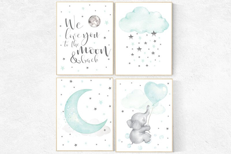 Nursery decor elephant, Mint nursery, gender neutral nursery, we love you to the moon and back, mint green nursery wall art, cloud and star