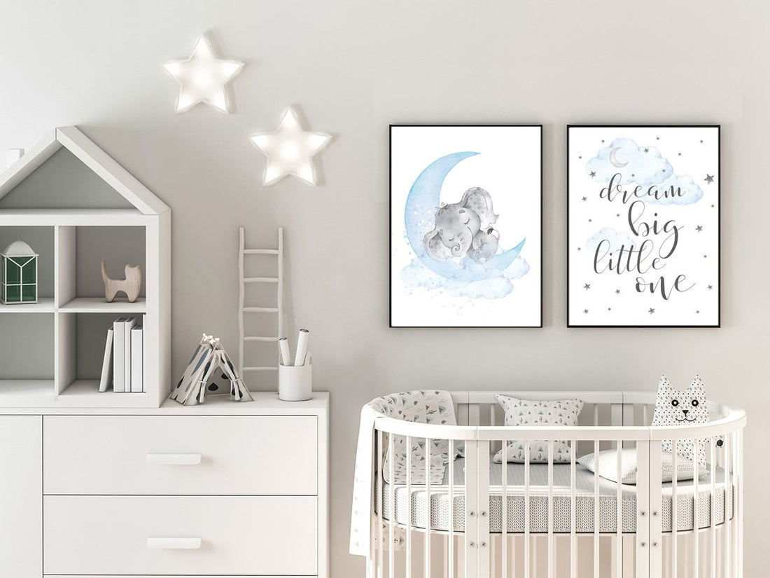 Nursery decor boy elephant, nursery wall art elephant, baby room decor boy, cloud and stars, Elephant Nursery Art, dream big little one