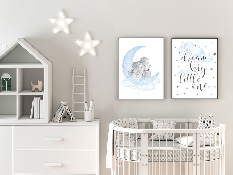 Nursery decor boy elephant, nursery wall art elephant, baby room decor boy, cloud and stars, Elephant Nursery Art, dream big little one