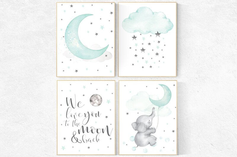 Nursery decor elephant, Mint nursery, gender neutral nursery, we love you to the moon and back, mint green nursery wall art, cloud and star