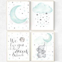 Nursery decor elephant, Mint nursery, gender neutral nursery, we love you to the moon and back, mint green nursery wall art, cloud and star