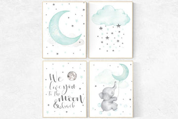 Nursery decor elephant, Mint nursery, gender neutral nursery, we love you to the moon and back, mint green nursery wall art, cloud and star