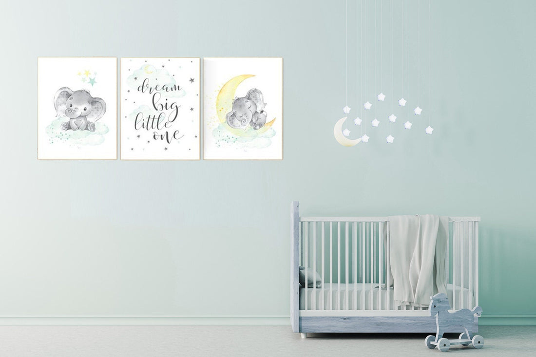 Mint and yellow nursery, nursery wall art neutral, moon and stars nursery, baby room decor, dream big little one, gender neutral nursery art