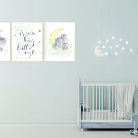 Mint and yellow nursery, nursery wall art neutral, moon and stars nursery, baby room decor, dream big little one, gender neutral nursery art