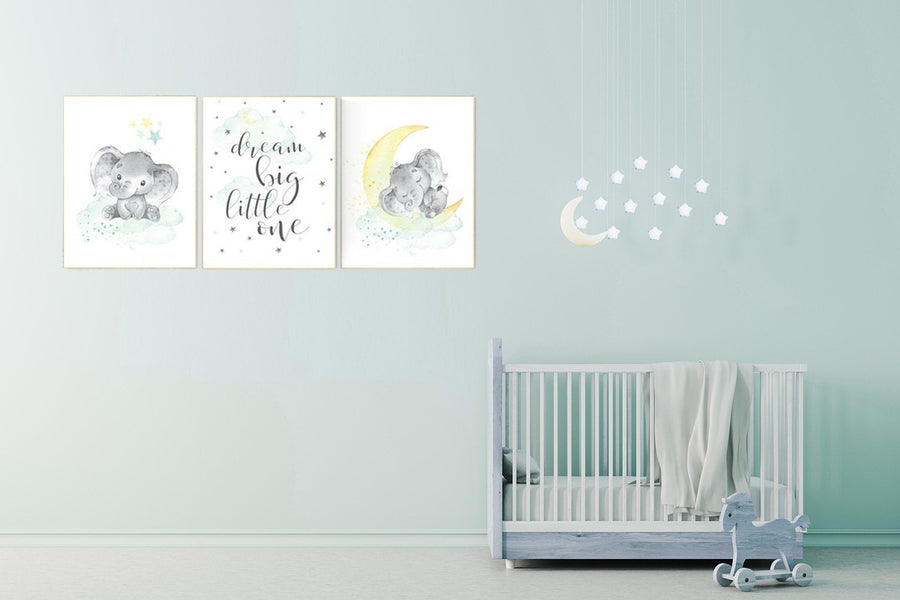 Mint and yellow nursery, nursery wall art neutral, moon and stars nursery, baby room decor, dream big little one, gender neutral nursery art