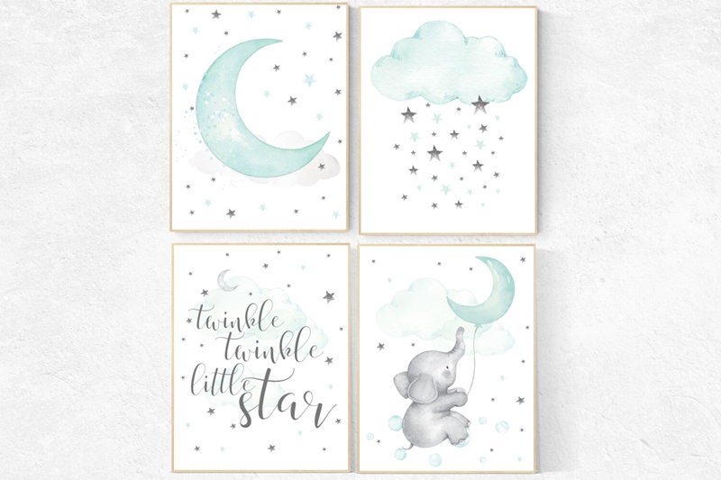 Twinkle twinkle little star, mint green nursery, cloud and star nursery, Mint nursery, gender neutral nursery, Nursery decor elephant