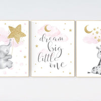 Nursery wall art girl, giraffe nursery, baby room decor girl gold and pink, dream big little one, cloud and stars, elephant nursery wall art