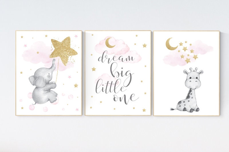 Nursery wall art girl, giraffe nursery, baby room decor girl gold and pink, dream big little one, cloud and stars, elephant nursery wall art