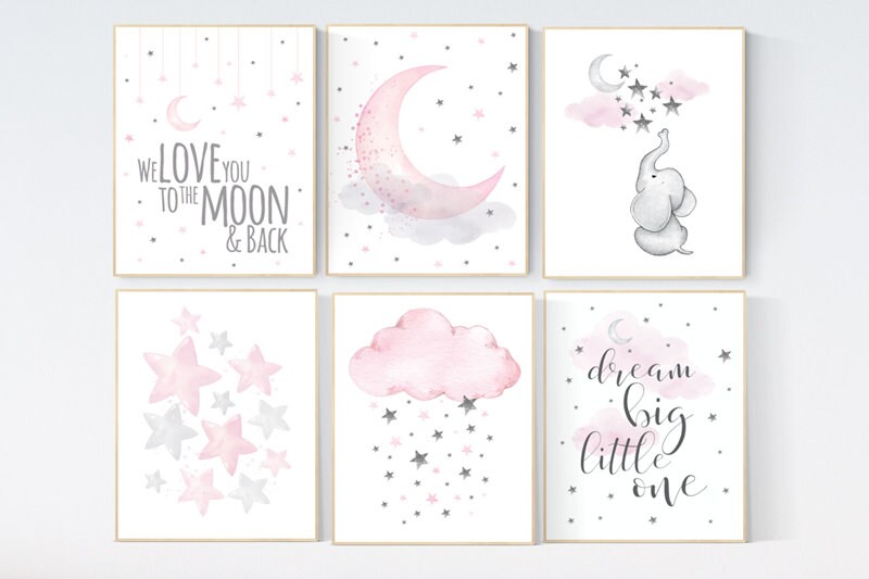 Nursery decor girl, nursery decor elephant, girl room wall art, pink and gray, moon and stars nursery, nursery decor clouds stars